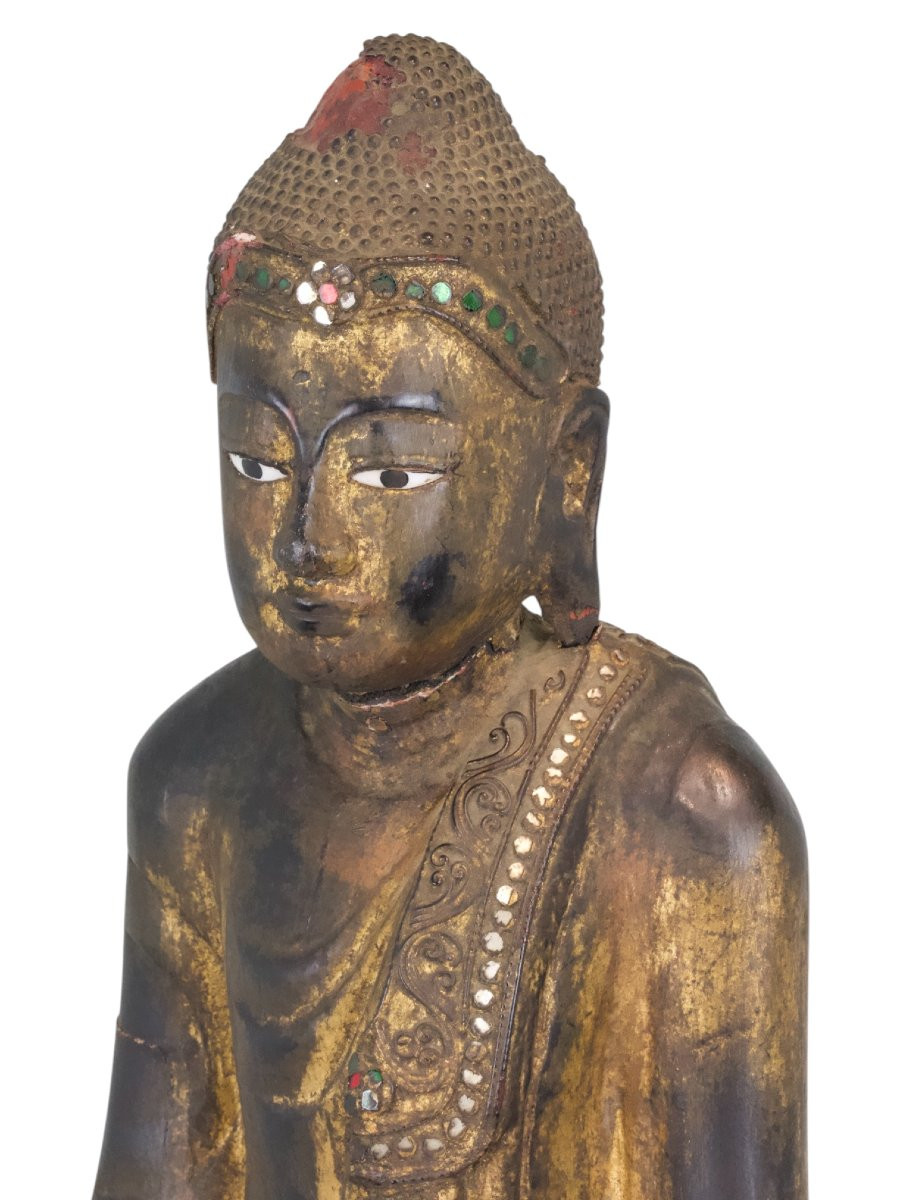Figura di Buddha Stante su Fiore di Loto in Legno - Thailandia XIX Secolo-photo-2